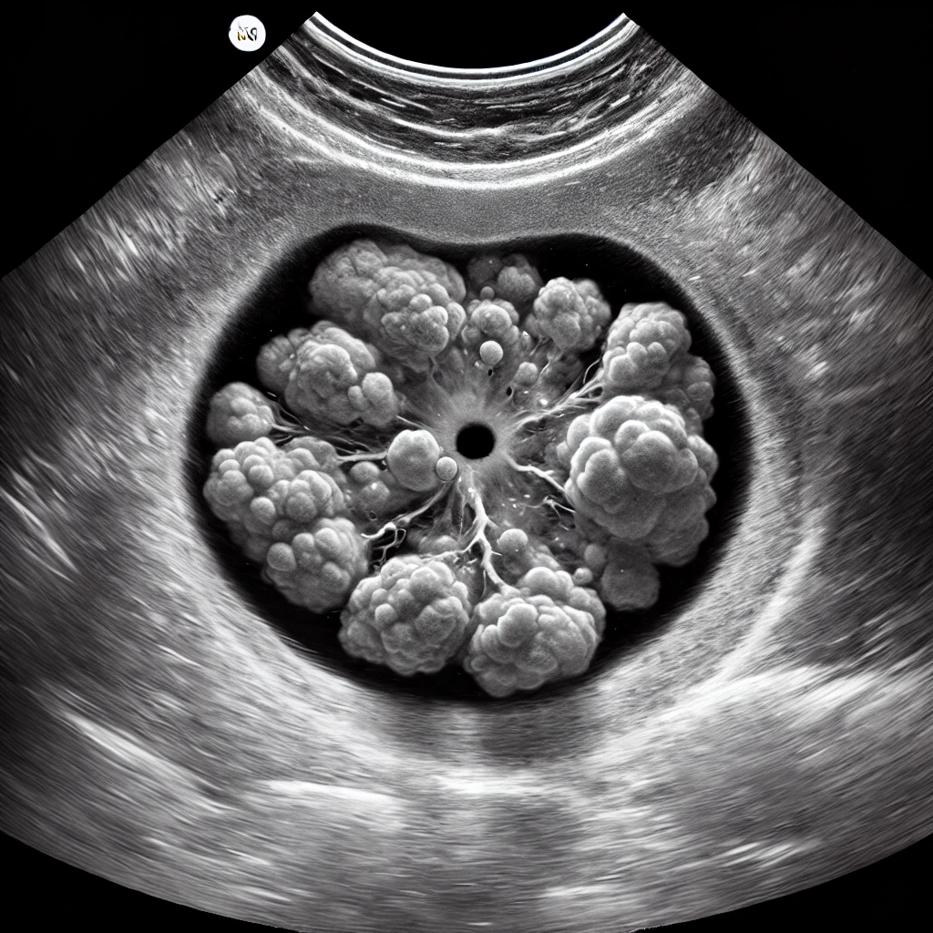 Dall·e 2024 07 22 13.29.00 An Ultrasound Image Showing A Uterus With Fibroids. The Uterus Appears As A Large Gray Mass With Several Distinct, Round Or Oval Fibroids Inside And A